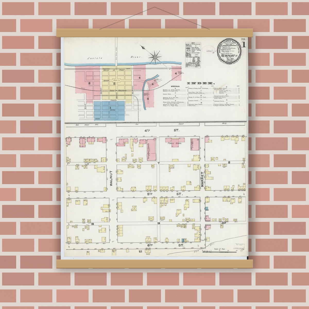 Old map wall art mockup — magnetic wood frame on brick wall — Sanborn Fire Insurance Map from Newport, Perry County, Pennsylvania (1891), Sheet #0001