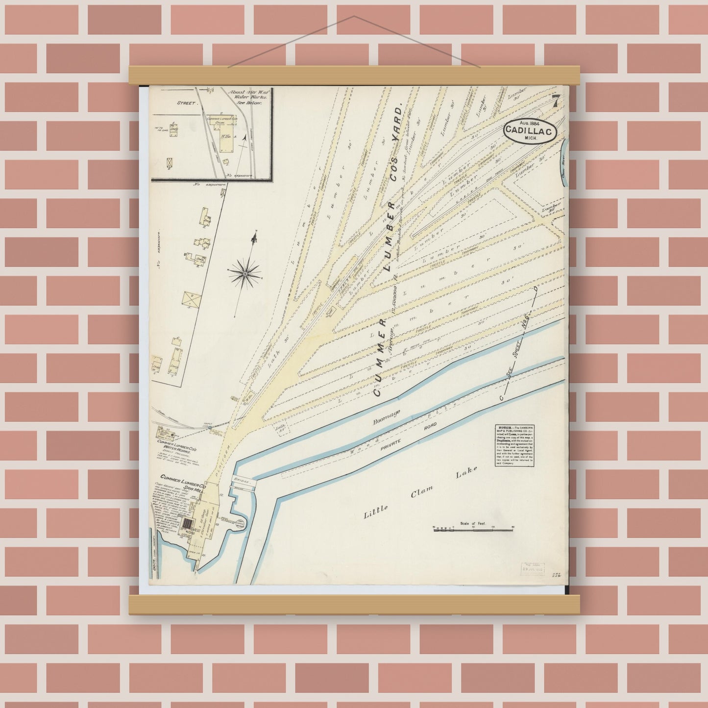 Old map wall art mockup — magnetic wood frame on brick wall — Sanborn Fire Insurance Map from Cadillac, Wexford County, Michigan (1884), Sheet #0007
