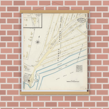 Old map wall art mockup — magnetic wood frame on brick wall — Sanborn Fire Insurance Map from Cadillac, Wexford County, Michigan (1884), Sheet #0007
