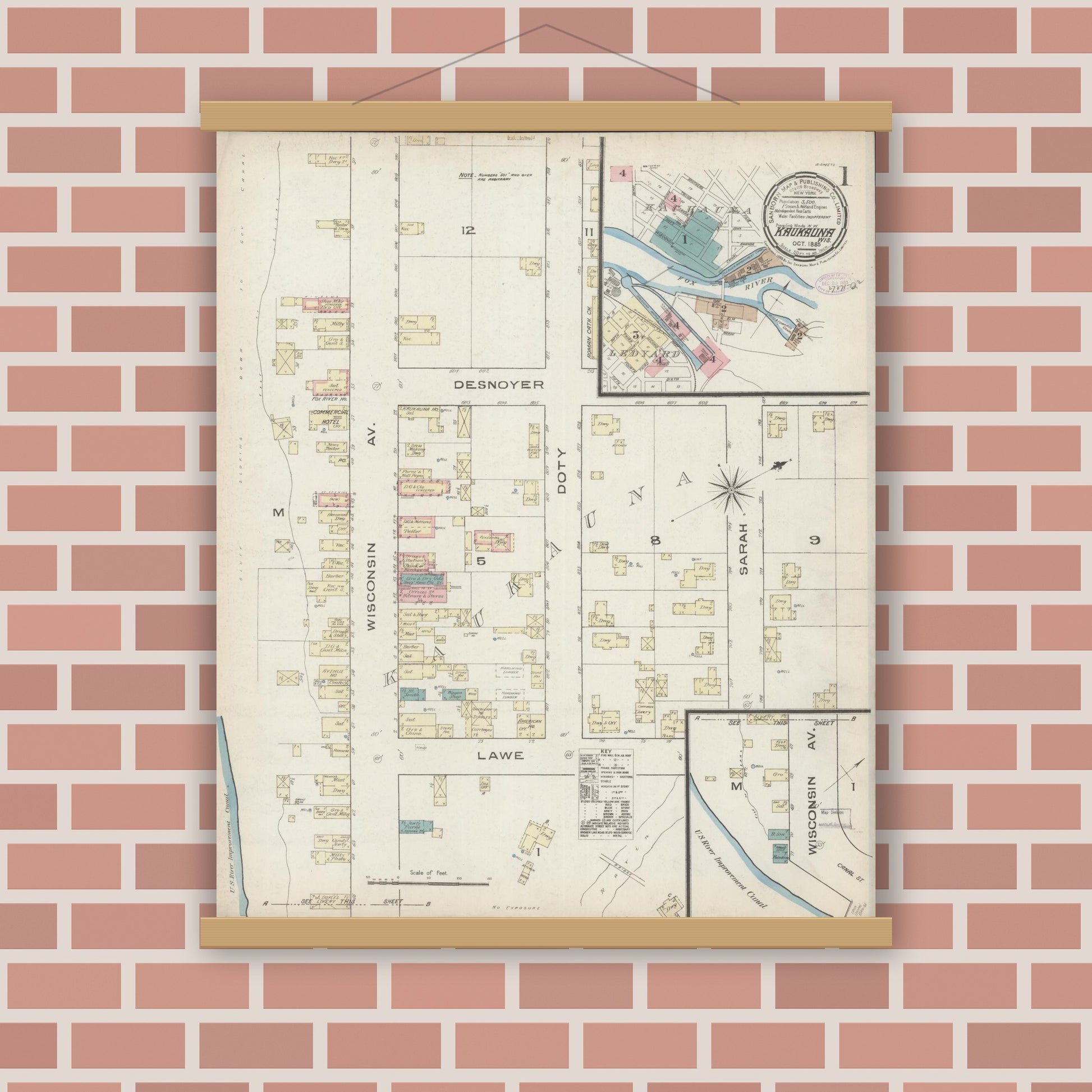 Old map wall art mockup — magnetic wood frame on brick wall — Sanborn Fire Insurance Map from Kaukauna, Outagamie County, Wisconsin (1885) - Complete Map Set