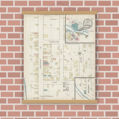 Old map wall art mockup — magnetic wood frame on brick wall — Sanborn Fire Insurance Map from Kaukauna, Outagamie County, Wisconsin (1885) - Complete Map Set