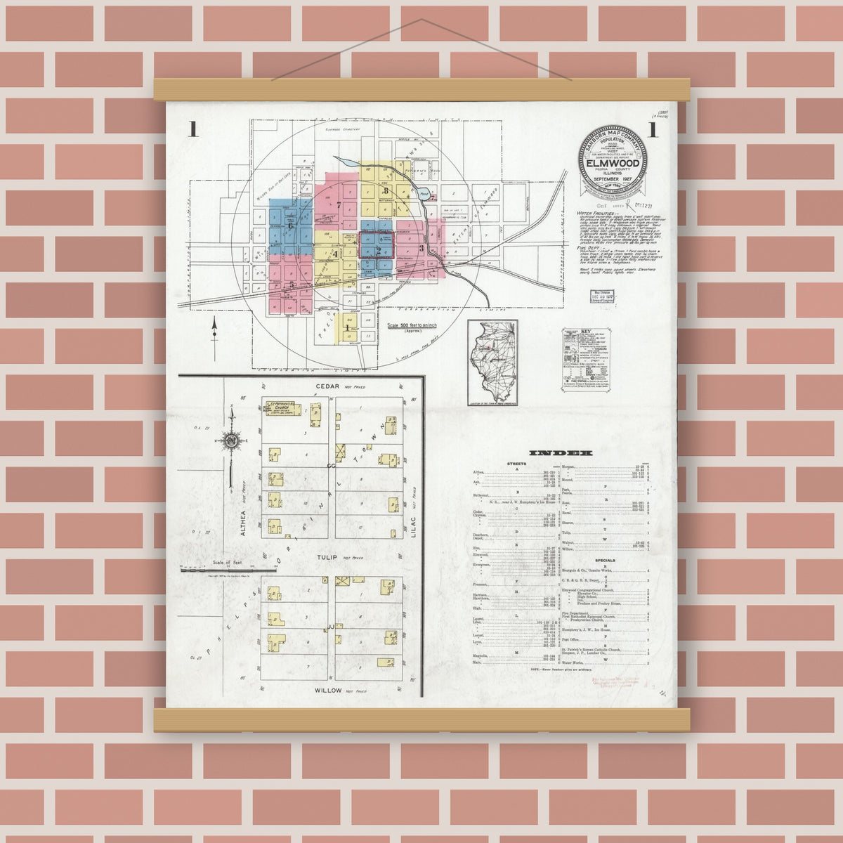 Old map wall art mockup — magnetic wood frame on brick wall — Sanborn Fire Insurance Map from Elmwood, Peoria County, Illinois (1927) - Complete Map Set