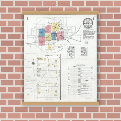 Old map wall art mockup — magnetic wood frame on brick wall — Sanborn Fire Insurance Map from Elmwood, Peoria County, Illinois (1927) - Complete Map Set