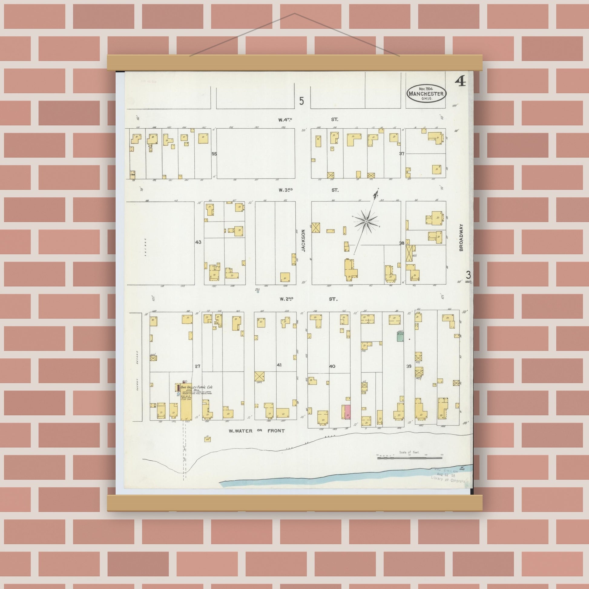 Old map wall art mockup — magnetic wood frame on brick wall — Sanborn Fire Insurance Map from Manchester, Adams County, Ohio (1904), Sheet #0004