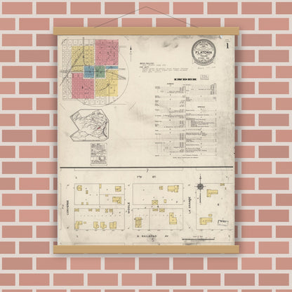Old map wall art mockup — magnetic wood frame on brick wall — Sanborn Fire Insurance Map from Flatonia, Fayette County, Texas (1922), Sheet #0001