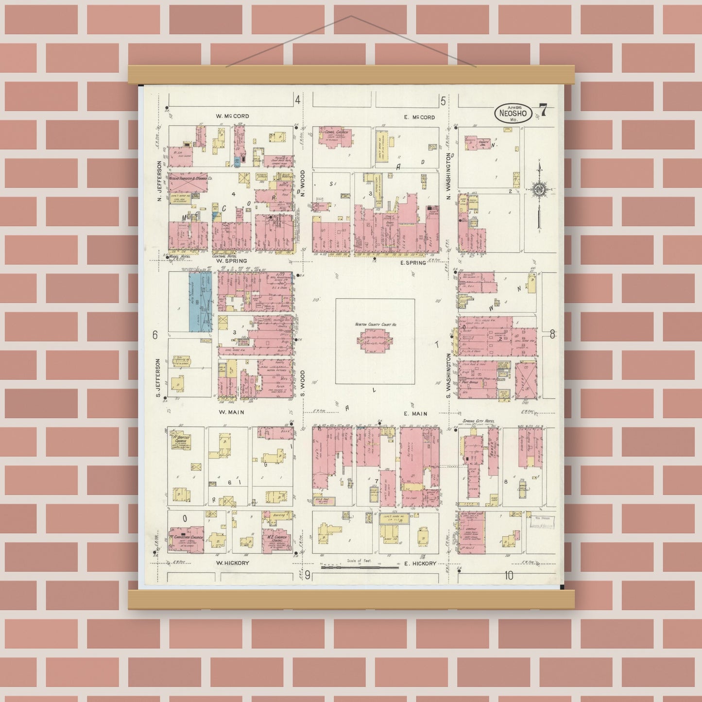 Old map wall art mockup — magnetic wood frame on brick wall — Sanborn Fire Insurance Map from Neosho, Newton County, Missouri (1916), Sheet #0007