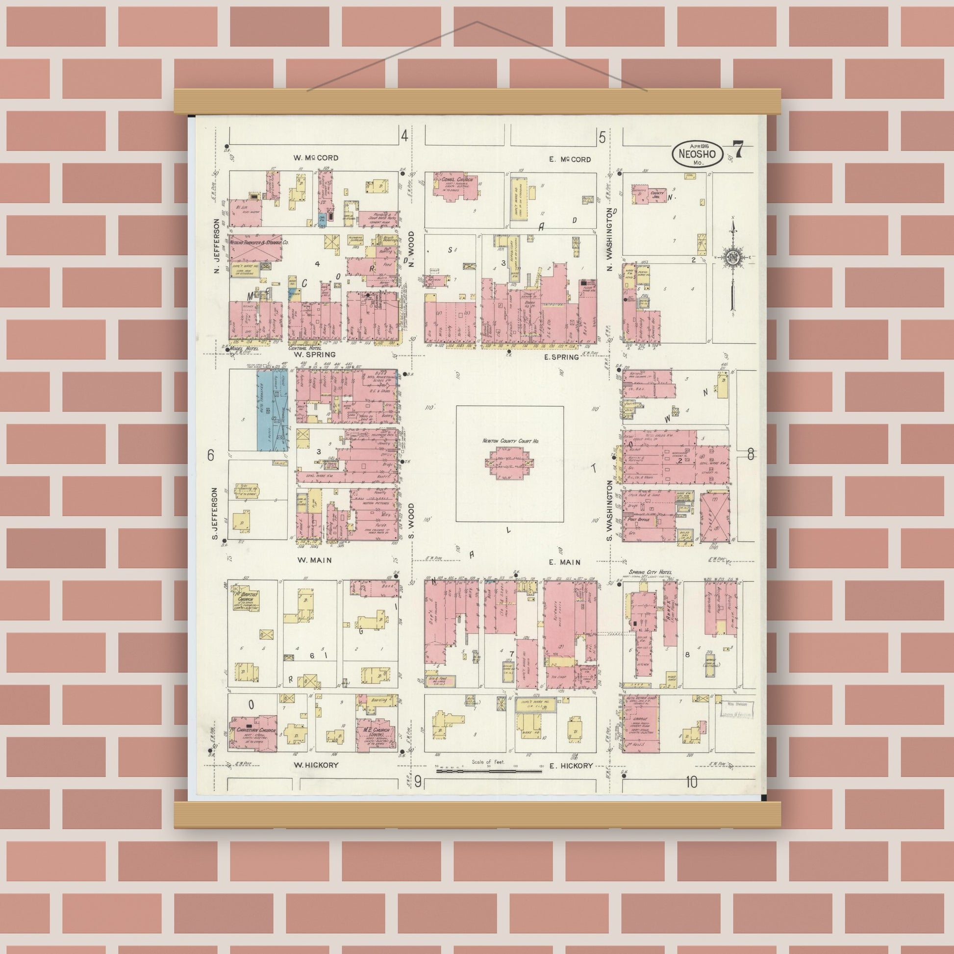 Old map wall art mockup — magnetic wood frame on brick wall — Sanborn Fire Insurance Map from Neosho, Newton County, Missouri (1916), Sheet #0007