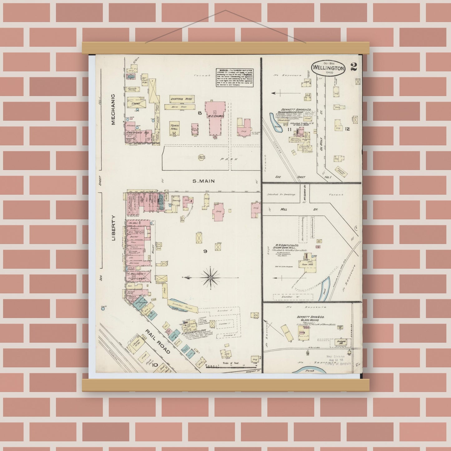 Old map wall art mockup — magnetic wood frame on brick wall — Sanborn Fire Insurance Map from Wellington, Lorain County, Ohio (1884), Sheet #0002
