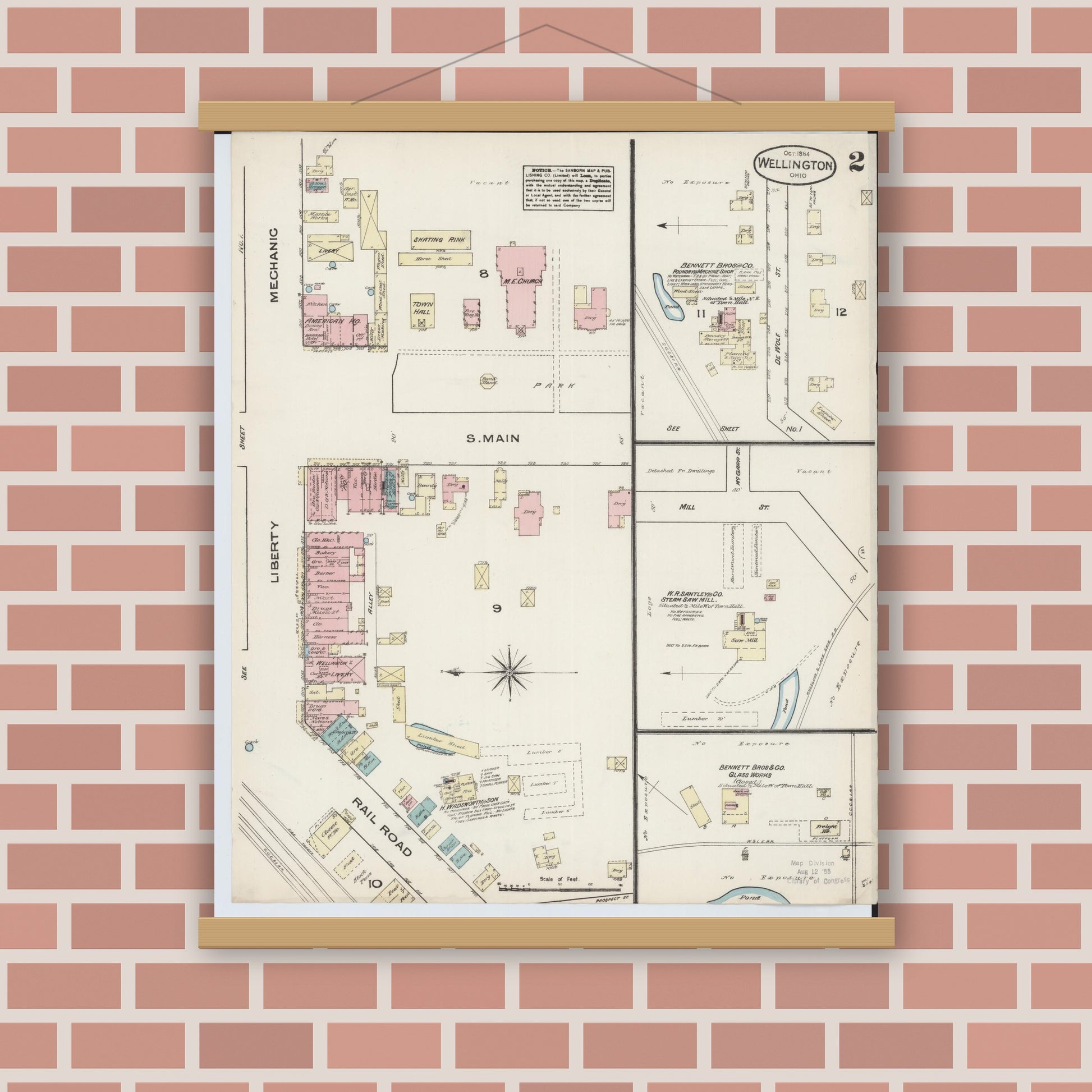 Old map wall art mockup — magnetic wood frame on brick wall — Sanborn Fire Insurance Map from Wellington, Lorain County, Ohio (1884), Sheet #0002