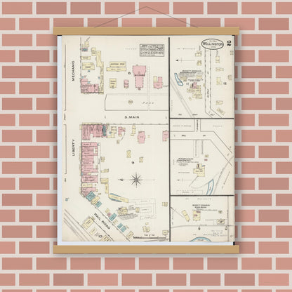 Old map wall art mockup — magnetic wood frame on brick wall — Sanborn Fire Insurance Map from Wellington, Lorain County, Ohio (1884), Sheet #0002