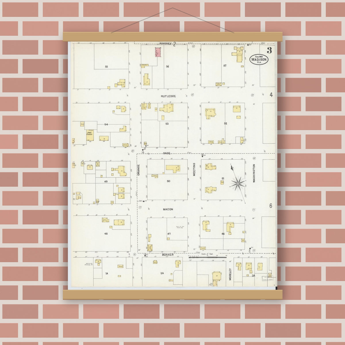 Old map wall art mockup — magnetic wood frame on brick wall — Sanborn Fire Insurance Map from Madison, Madison County, Florida (1903), Sheet #0003
