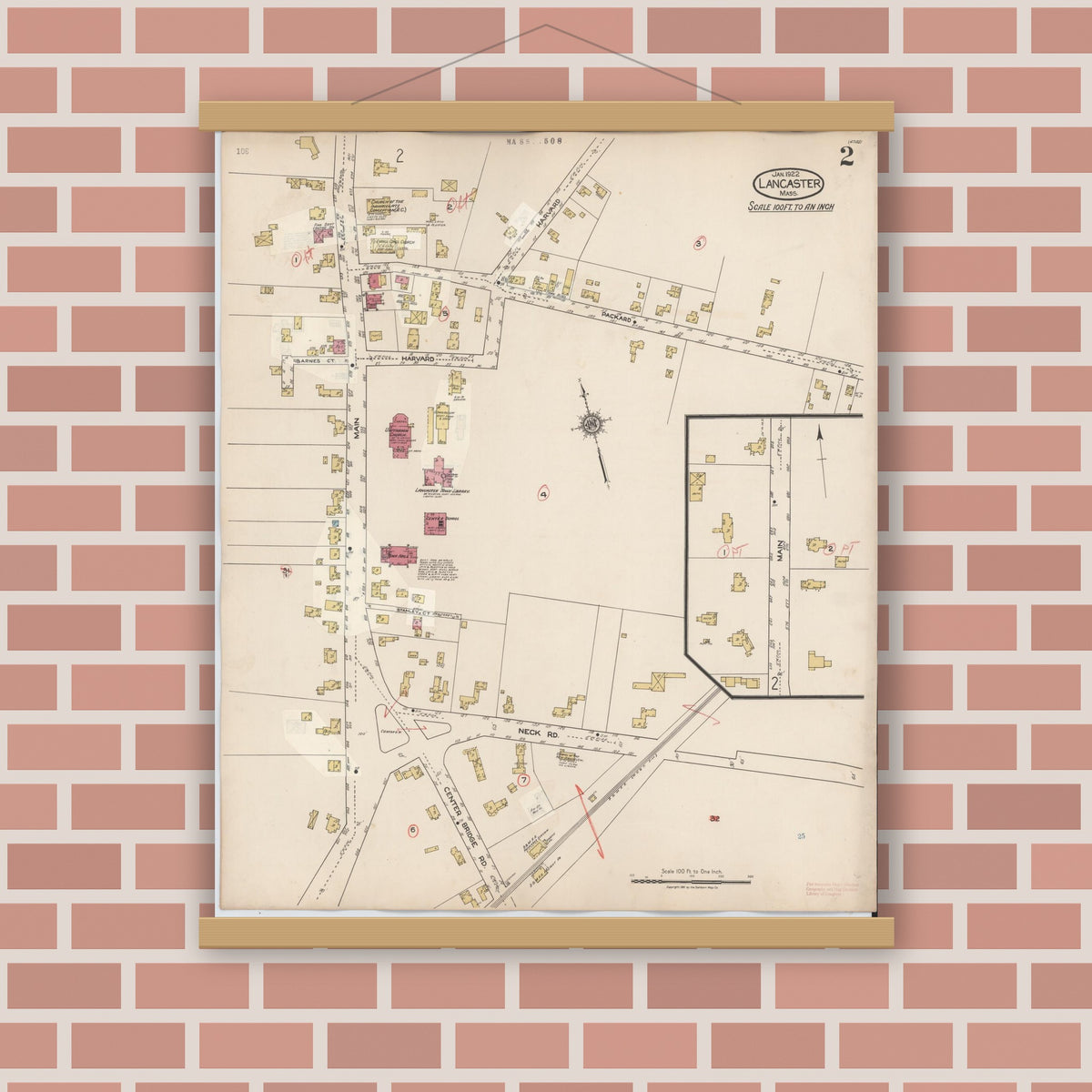 Old map wall art mockup — magnetic wood frame on brick wall — Sanborn Fire Insurance Map from Lancaster, Worcester County, Massachusetts (1945), Sheet #0002