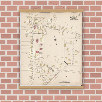 Old map wall art mockup — magnetic wood frame on brick wall — Sanborn Fire Insurance Map from Lancaster, Worcester County, Massachusetts (1945), Sheet #0002