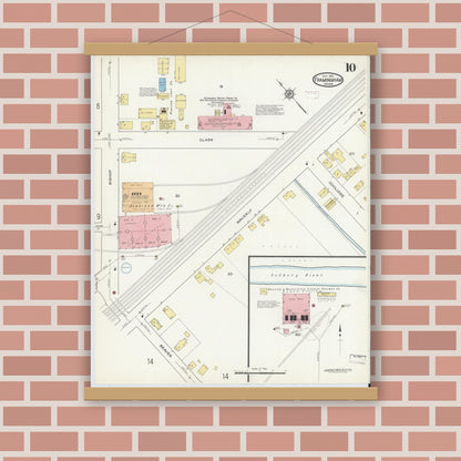 Old map wall art mockup — magnetic wood frame on brick wall — Sanborn Fire Insurance Map from Framingham, Middlesex County, Massachusetts (1915), Sheet #0010