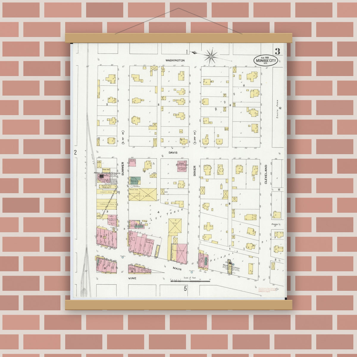 Old map wall art mockup — magnetic wood frame on brick wall — Sanborn Fire Insurance Map from Monroe City, Monroe County, Missouri (1909), Sheet #0003