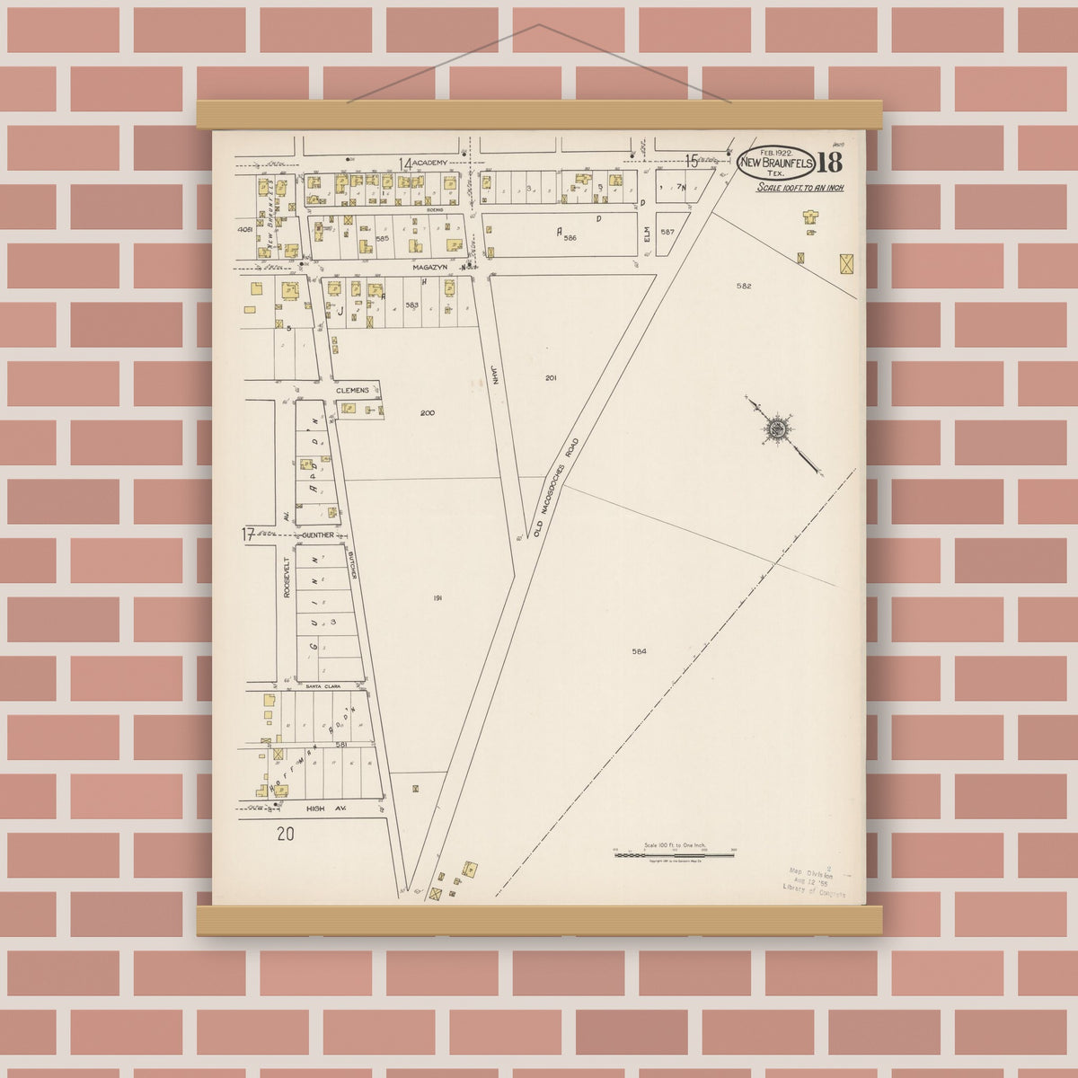 Old map wall art mockup — magnetic wood frame on brick wall — Sanborn Fire Insurance Map from New Braunfels, Comal County, Texas (1922), Sheet #0018