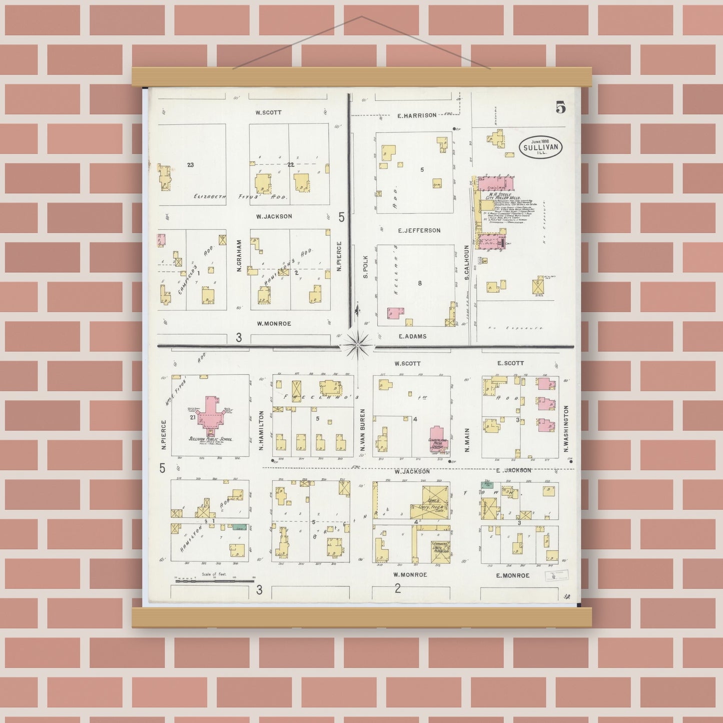 Old map wall art mockup — magnetic wood frame on brick wall — Sanborn Fire Insurance Map from Sullivan, Moultrie County, Illinois (1898), Sheet #0005