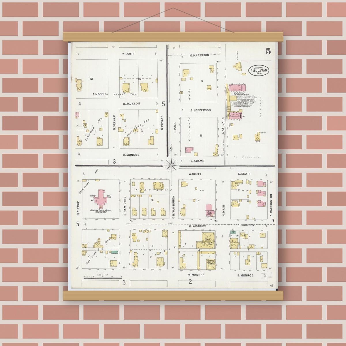 Old map wall art mockup — magnetic wood frame on brick wall — Sanborn Fire Insurance Map from Sullivan, Moultrie County, Illinois (1898), Sheet #0005