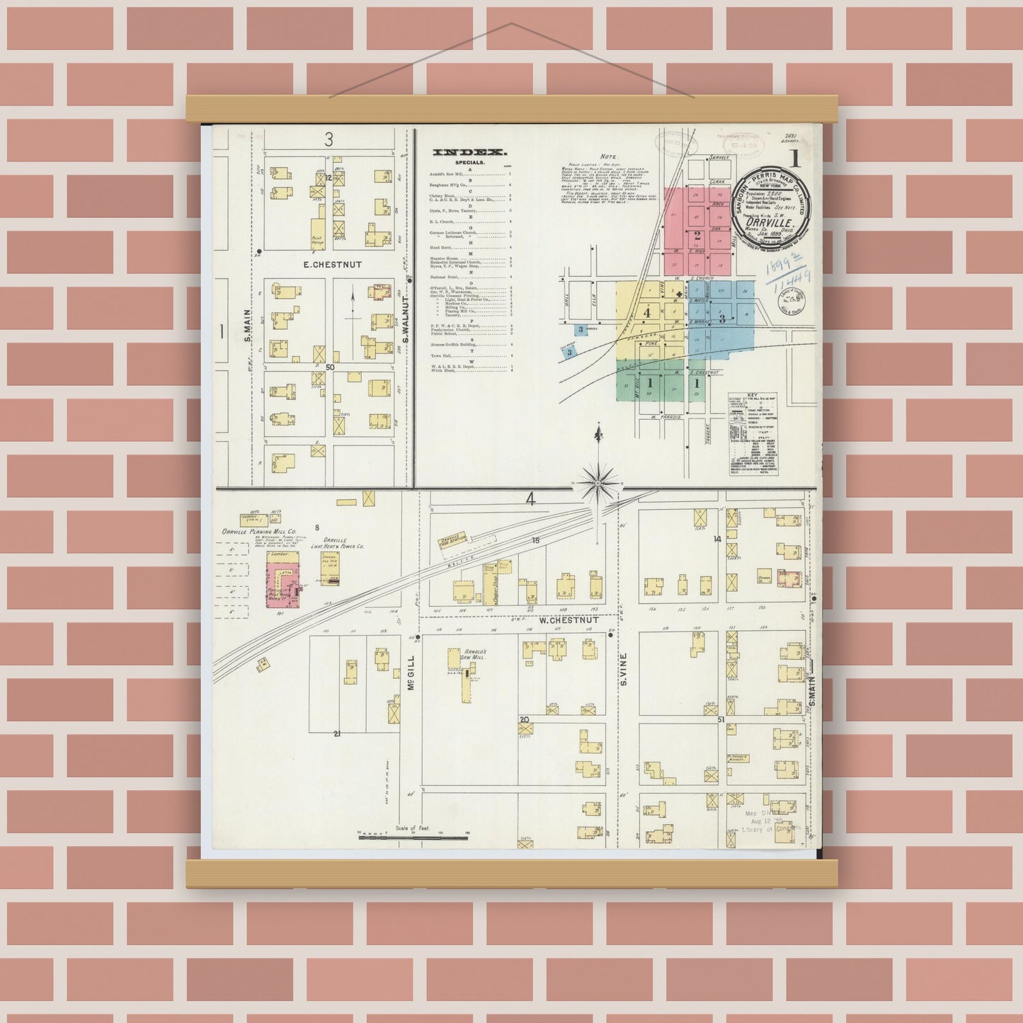 Old map wall art mockup — magnetic wood frame on brick wall — Sanborn Fire Insurance Map from Orrville, Wayne County, Ohio (1899) - Complete Map Set