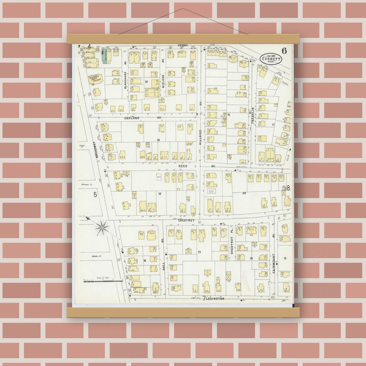 Old map wall art mockup — magnetic wood frame on brick wall — Sanborn Fire Insurance Map from Everett, Middlesex County, Massachusetts (1897), Sheet #0006