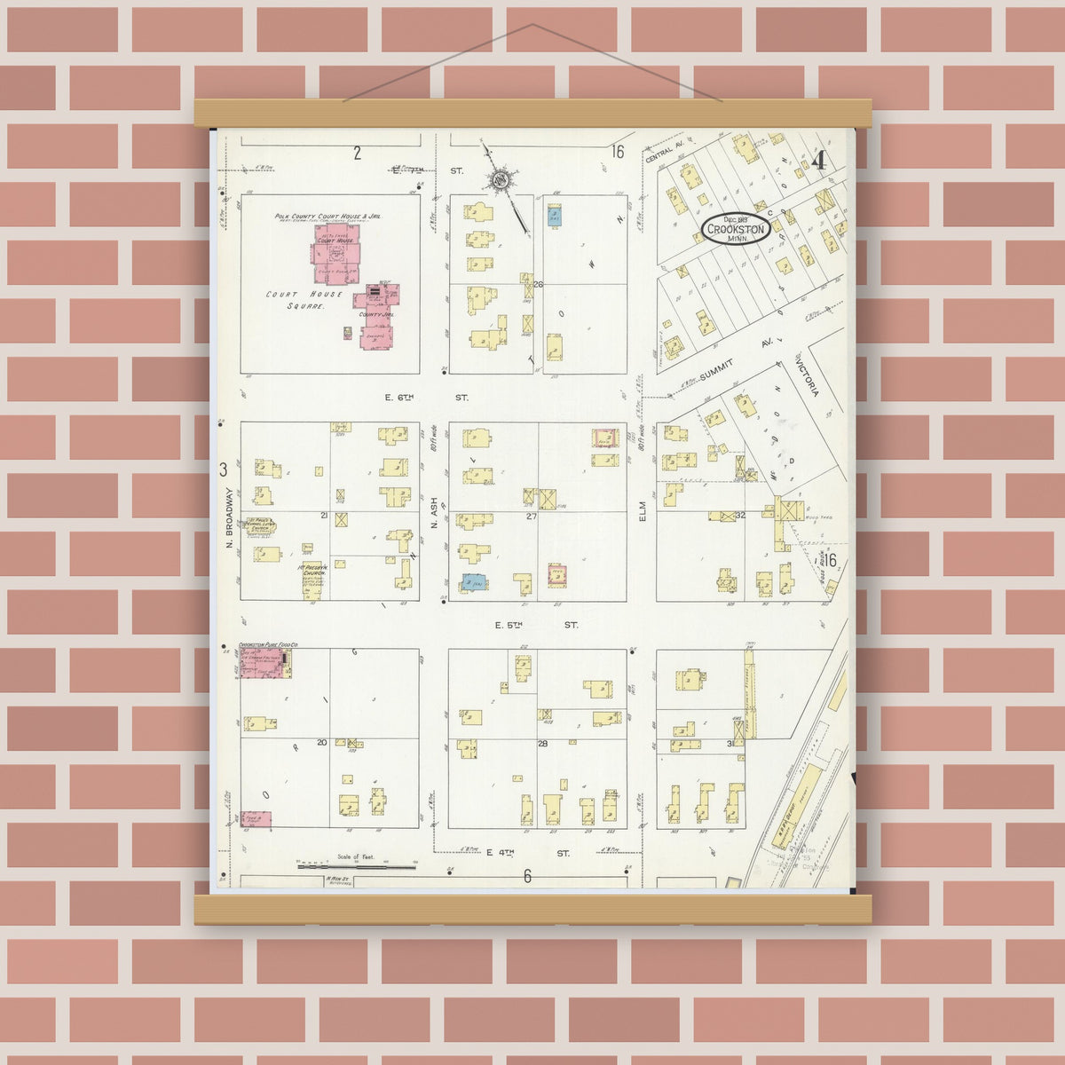 Old map wall art mockup — magnetic wood frame on brick wall — Sanborn Fire Insurance Map from Crookston, Polk County, Minnesota (1913), Sheet #0004