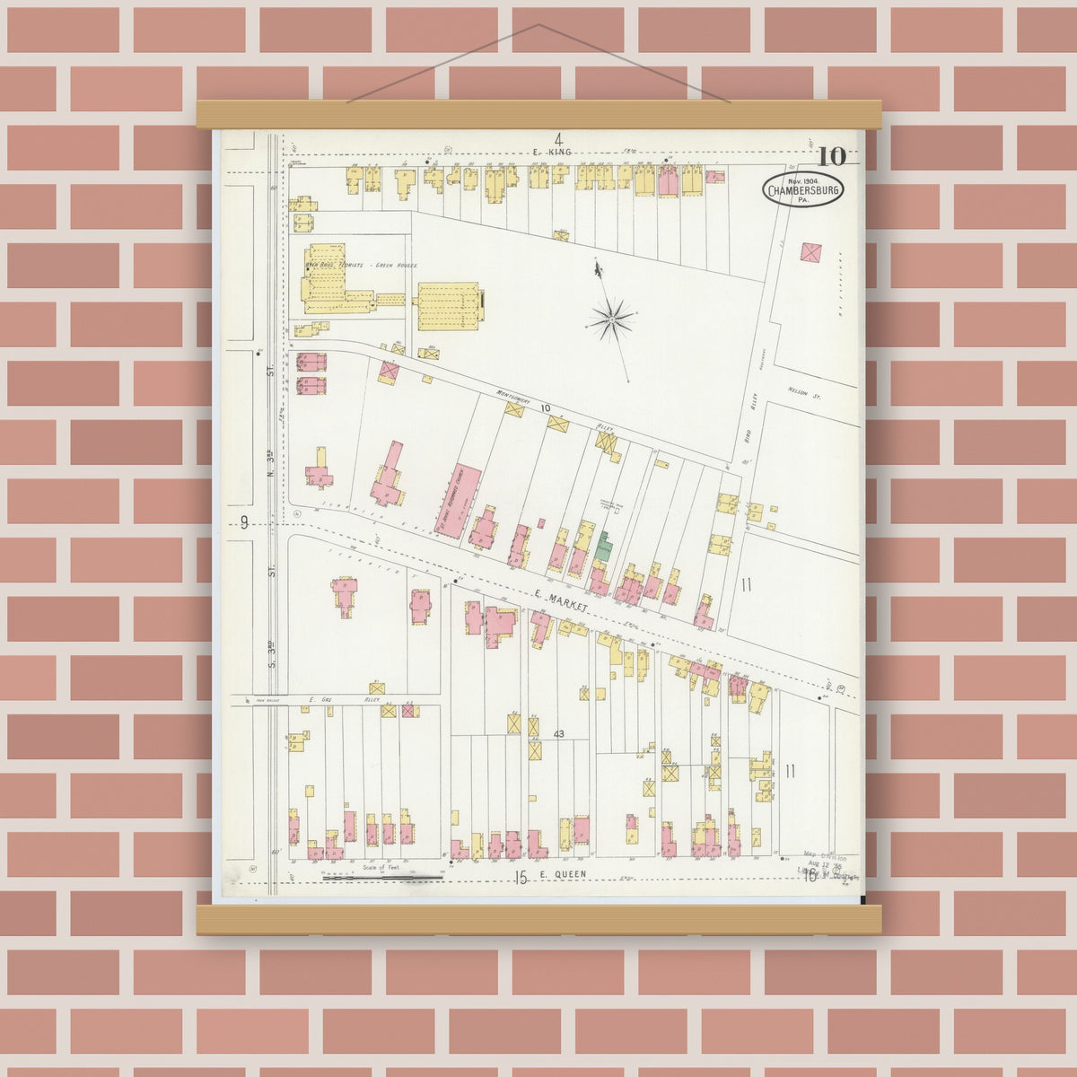 Old map wall art mockup — magnetic wood frame on brick wall — Sanborn Fire Insurance Map from Chambersburg, Franklin County, Pennsylvania (1904), Sheet #0010