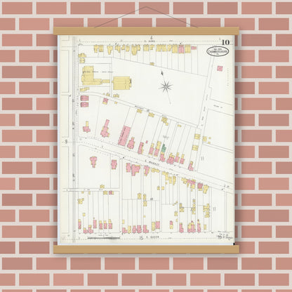 Old map wall art mockup — magnetic wood frame on brick wall — Sanborn Fire Insurance Map from Chambersburg, Franklin County, Pennsylvania (1904), Sheet #0010