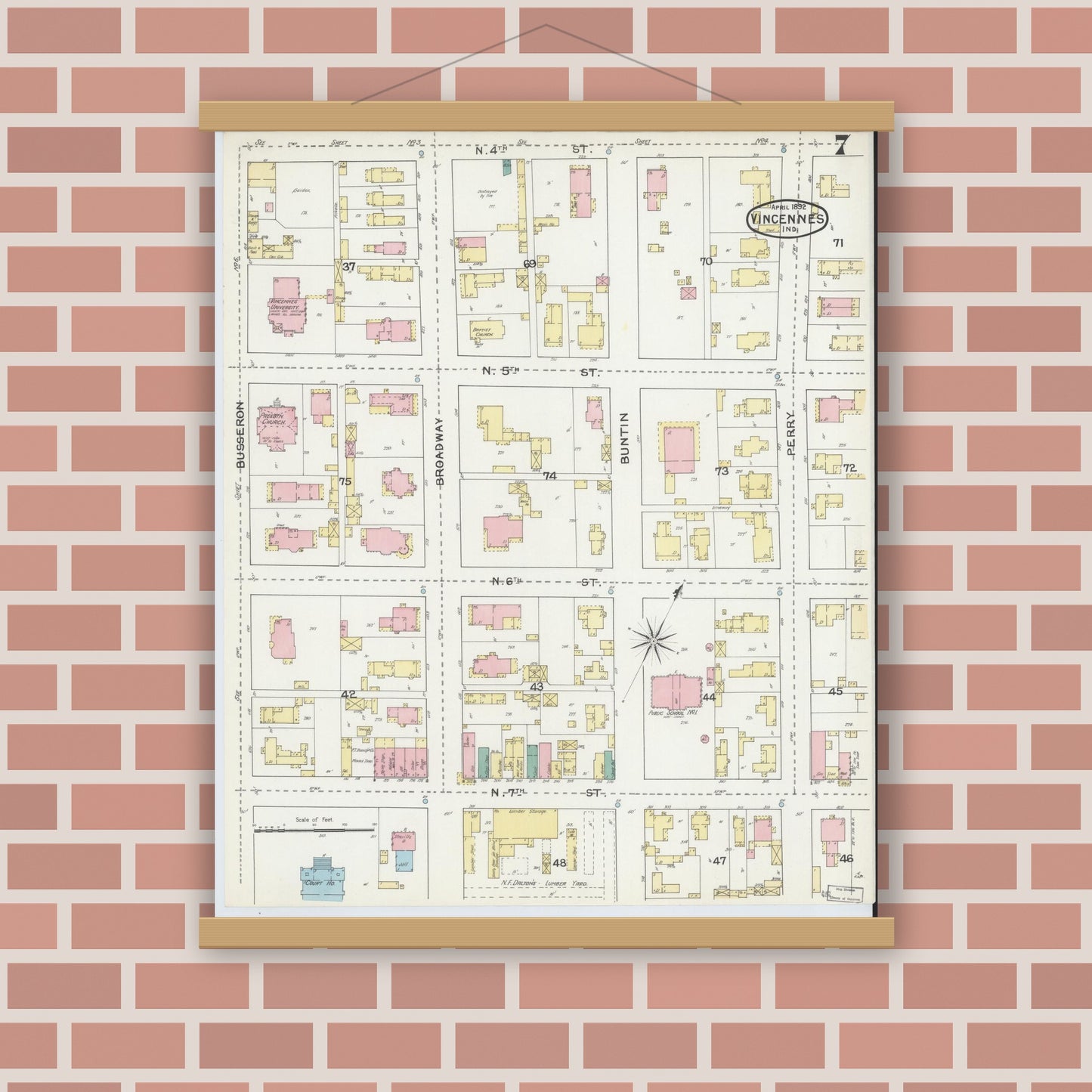 Old map wall art mockup — magnetic wood frame on brick wall — Sanborn Fire Insurance Map from Vincennes, Knox County, Indiana (1892), Sheet #0007