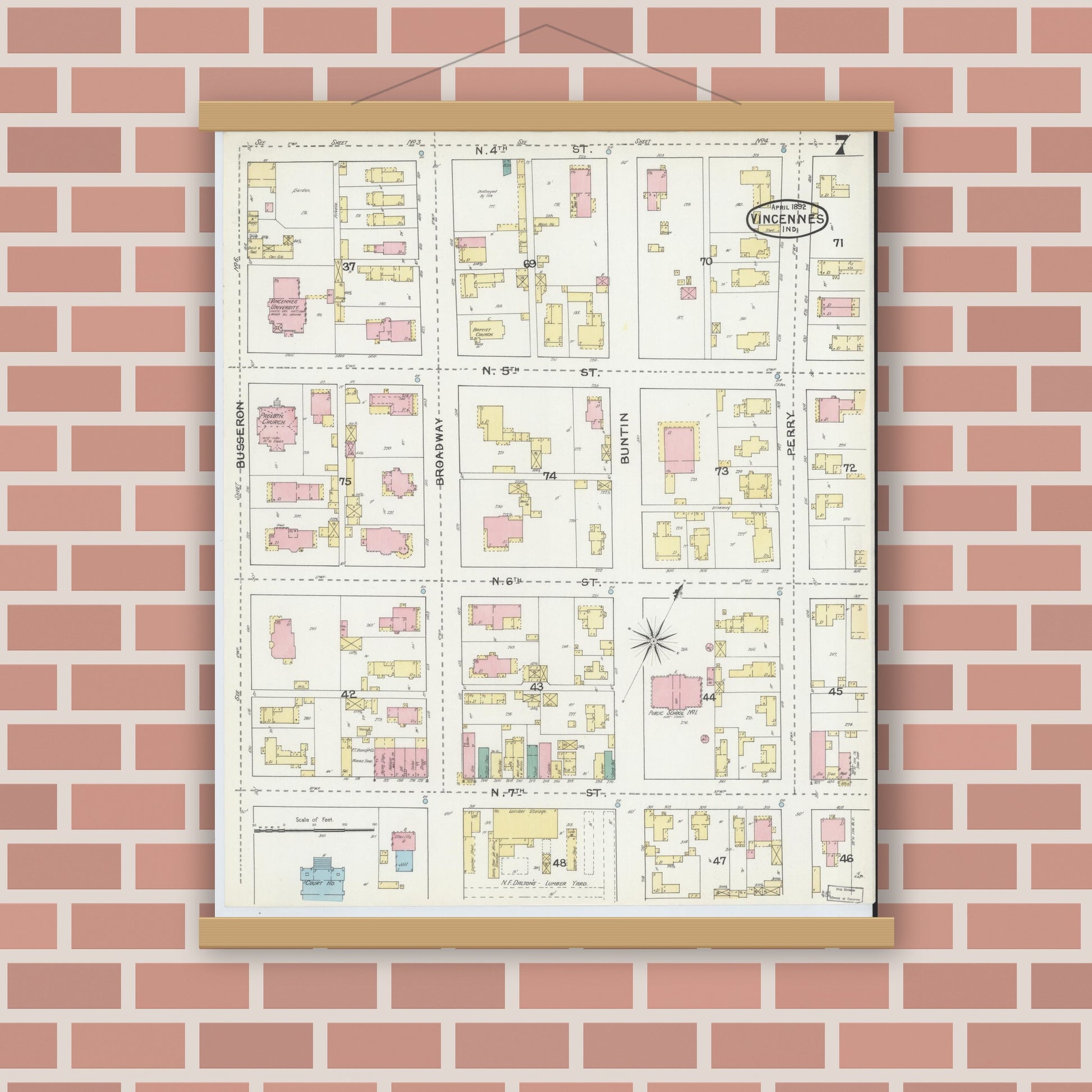 Old map wall art mockup — magnetic wood frame on brick wall — Sanborn Fire Insurance Map from Vincennes, Knox County, Indiana (1892), Sheet #0007