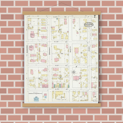 Old map wall art mockup — magnetic wood frame on brick wall — Sanborn Fire Insurance Map from Vincennes, Knox County, Indiana (1892), Sheet #0007
