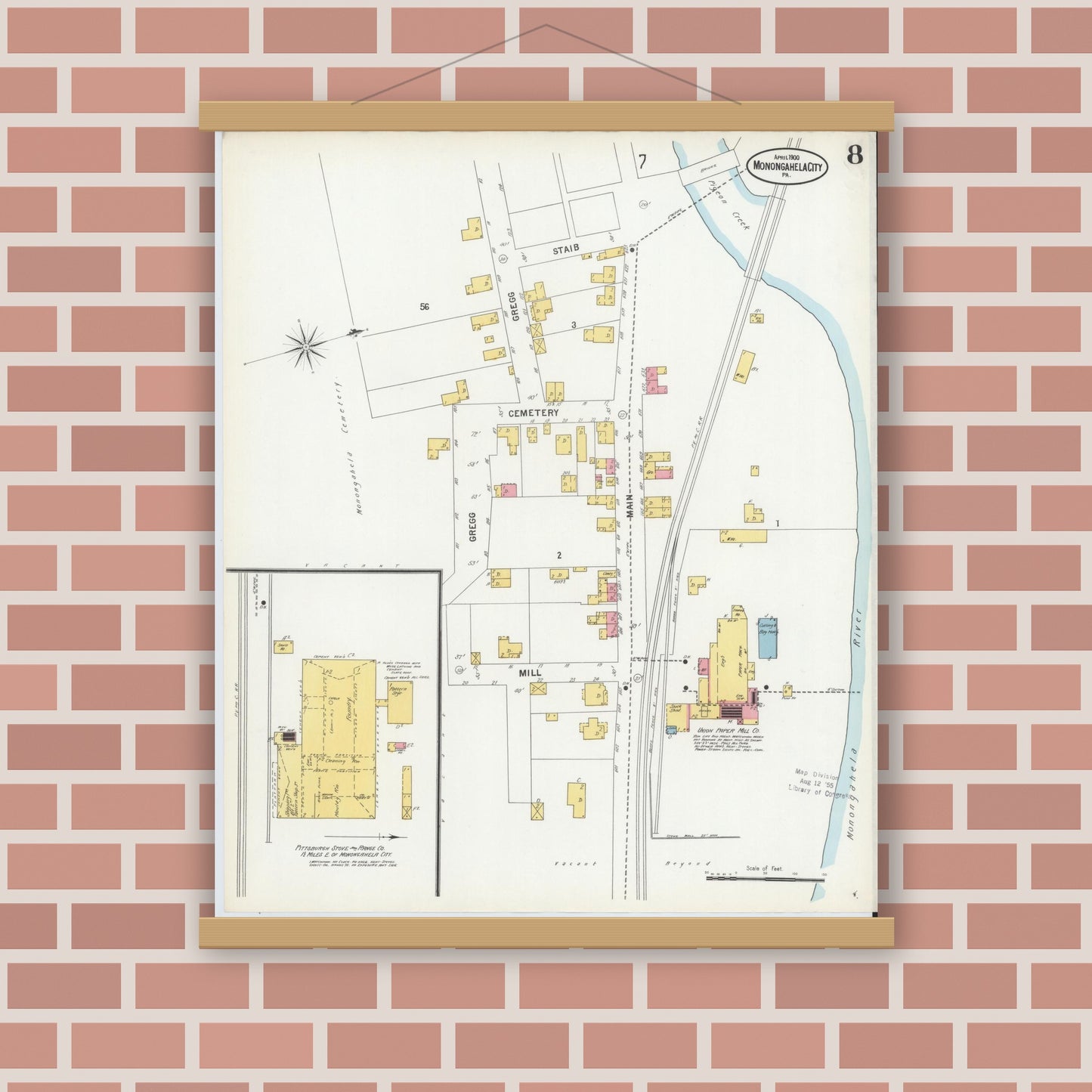 Old map wall art mockup — magnetic wood frame on brick wall — Sanborn Fire Insurance Map from Monongahela City, Washington County, Pennsylvania (1900), Sheet #0008