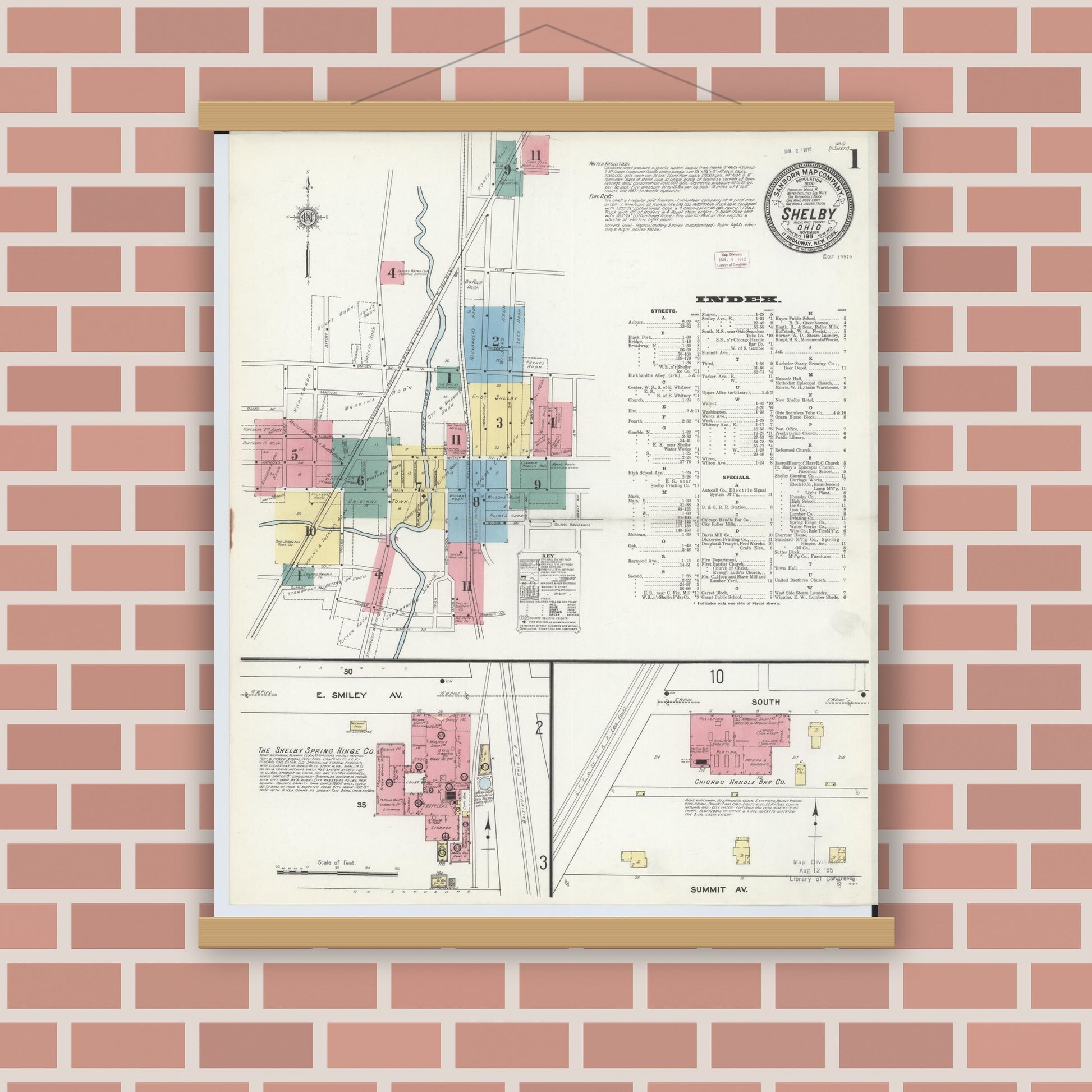 Old map wall art mockup — magnetic wood frame on brick wall — Sanborn Fire Insurance Map from Shelby, Richland County, Ohio (1911) - Complete Map Set