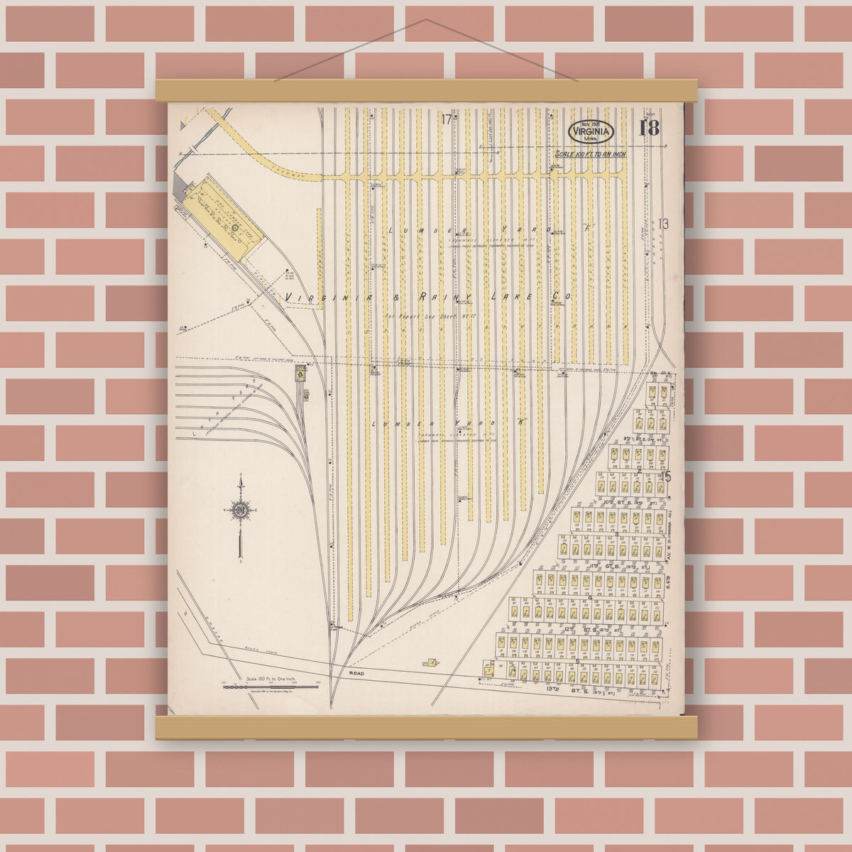 Old map wall art mockup — magnetic wood frame on brick wall — Sanborn Fire Insurance Map from Virginia, Saint Louis County, Minnesota (1921), Sheet #0018