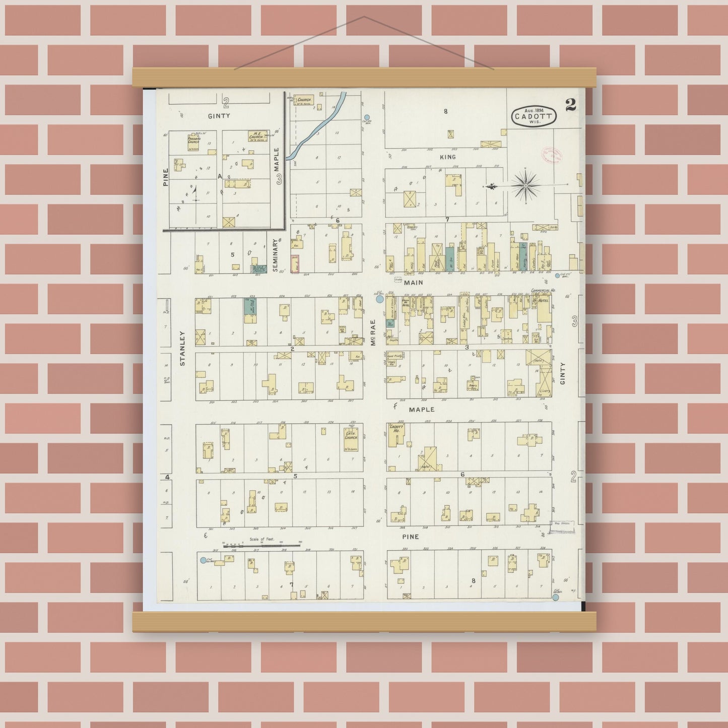 Old map wall art mockup — magnetic wood frame on brick wall — Sanborn Fire Insurance Map from Cadott, Chippewa County, Wisconsin (1894), Sheet #0002