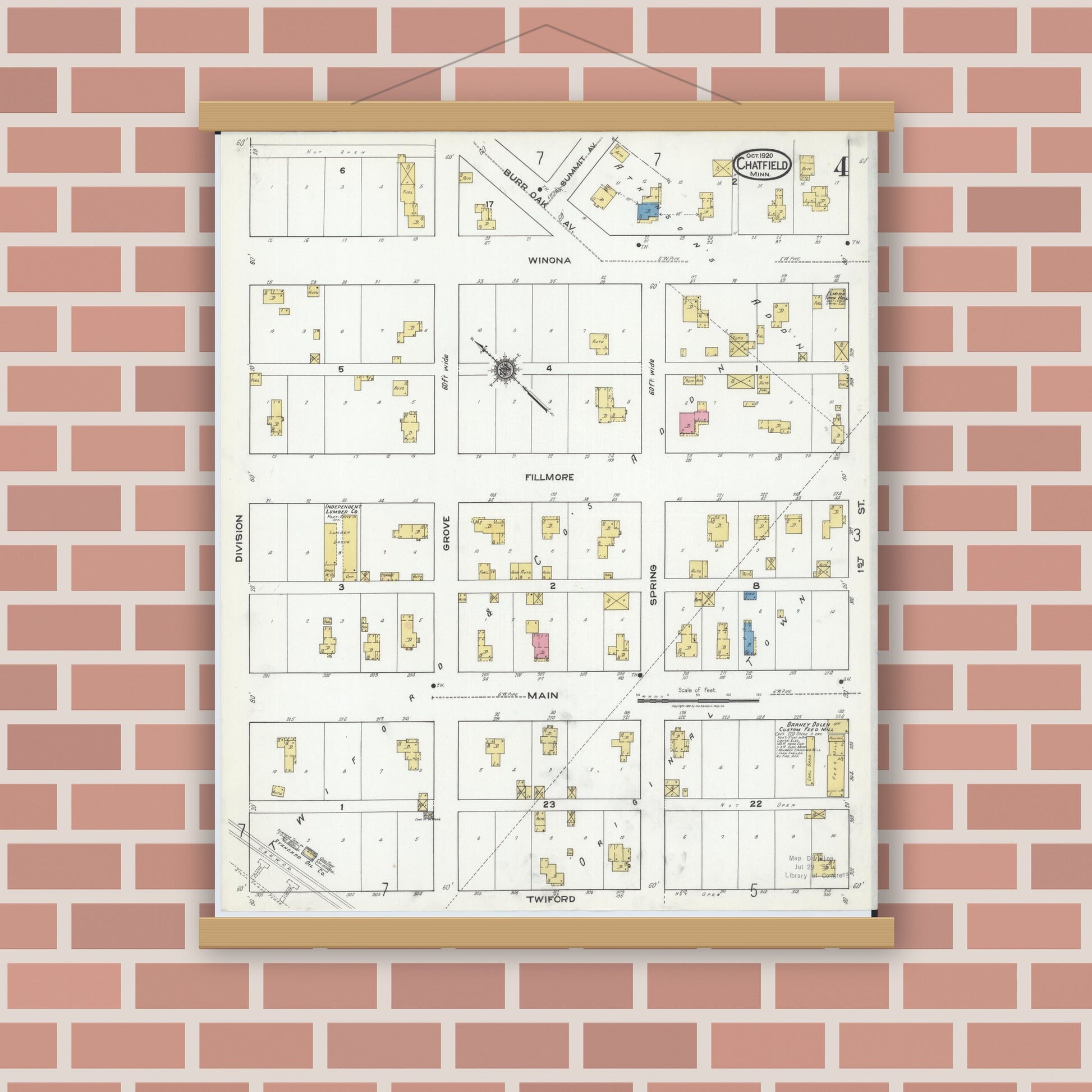 Old map wall art mockup — magnetic wood frame on brick wall — Sanborn Fire Insurance Map from Chatfield, Fillmore And Olmsted Counties, Minnesota (1920), Sheet #0004