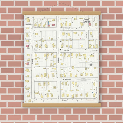 Old map wall art mockup — magnetic wood frame on brick wall — Sanborn Fire Insurance Map from Staunton, Macoupin County, Illinois (1921), Sheet #0003