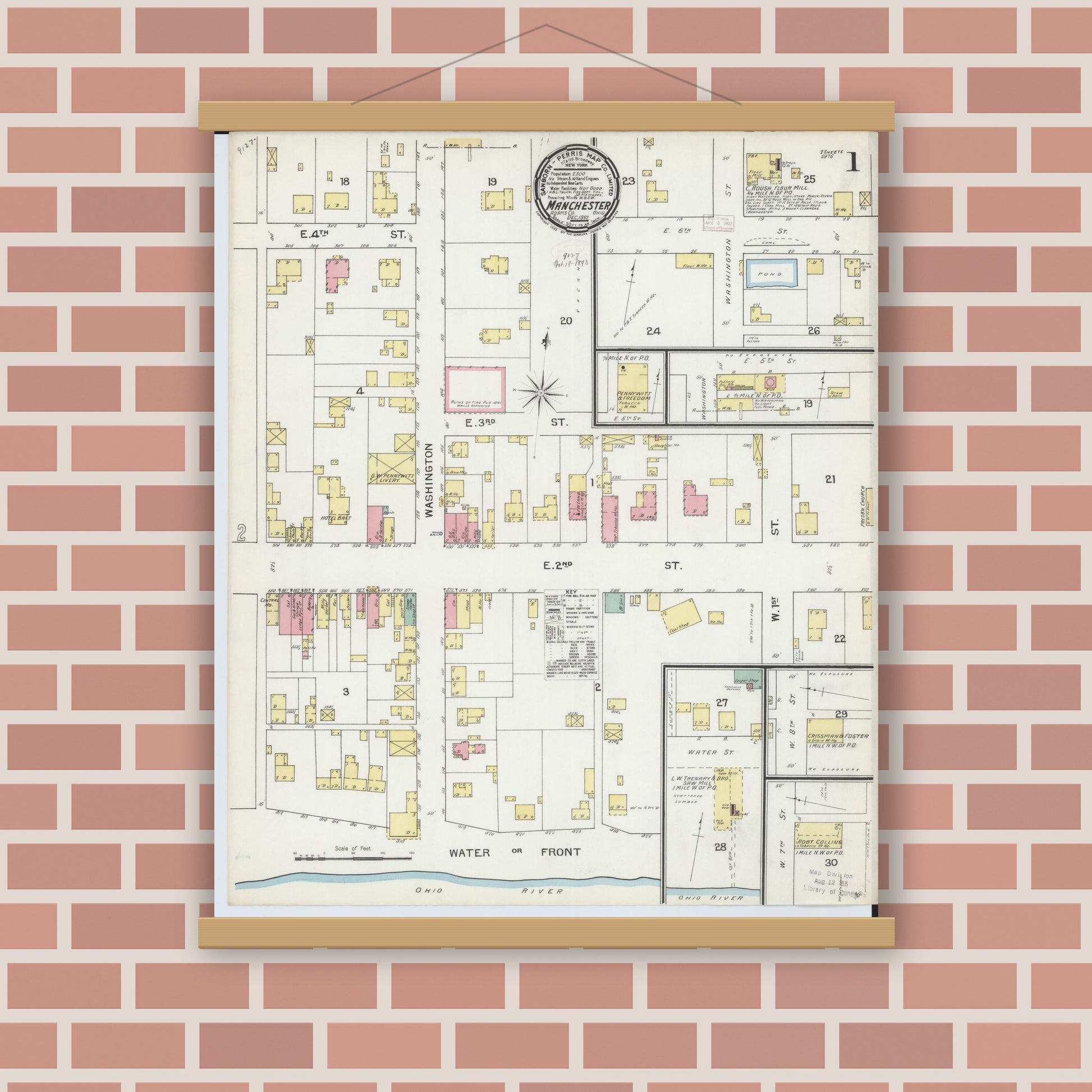 Old map wall art mockup — magnetic wood frame on brick wall — Sanborn Fire Insurance Map from Manchester, Adams County, Ohio (1892) - Complete Map Set