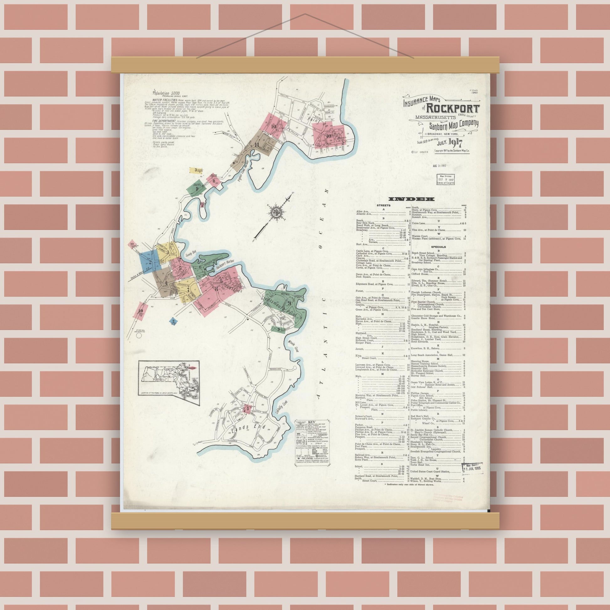 Old map wall art mockup — magnetic wood frame on brick wall — Sanborn Fire Insurance Map from Rockport, Essex County, Massachusetts (1917) - Complete Map Set