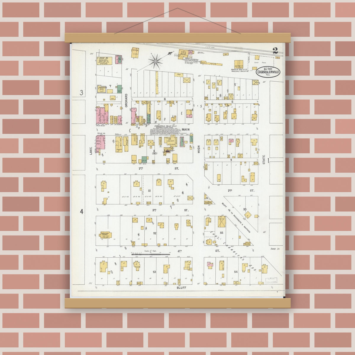 Old map wall art mockup — magnetic wood frame on brick wall — Sanborn Fire Insurance Map from Chandlerville, Cass County, Illinois (1900), Sheet #0002