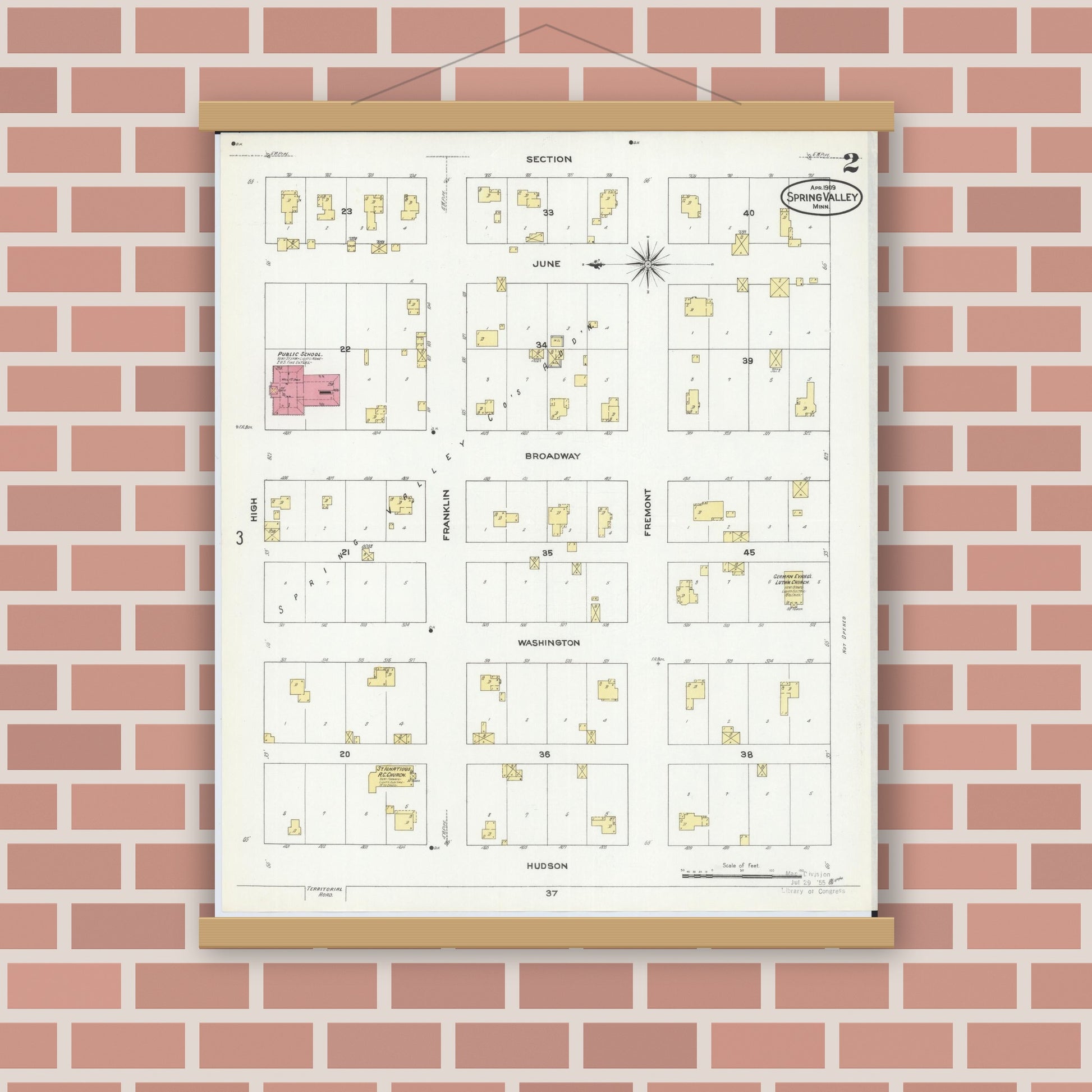Old map wall art mockup — magnetic wood frame on brick wall — Sanborn Fire Insurance Map from Spring Valley, Fillmore County, Minnesota (1909), Sheet #0002