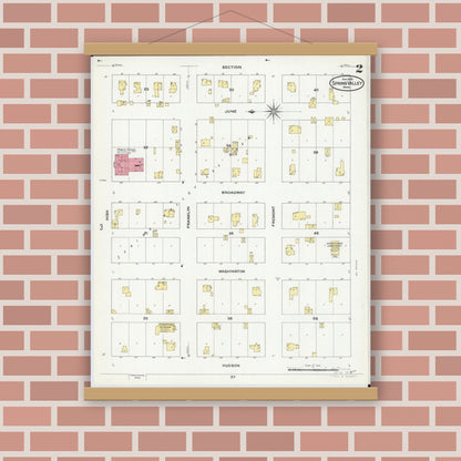 Old map wall art mockup — magnetic wood frame on brick wall — Sanborn Fire Insurance Map from Spring Valley, Fillmore County, Minnesota (1909), Sheet #0002