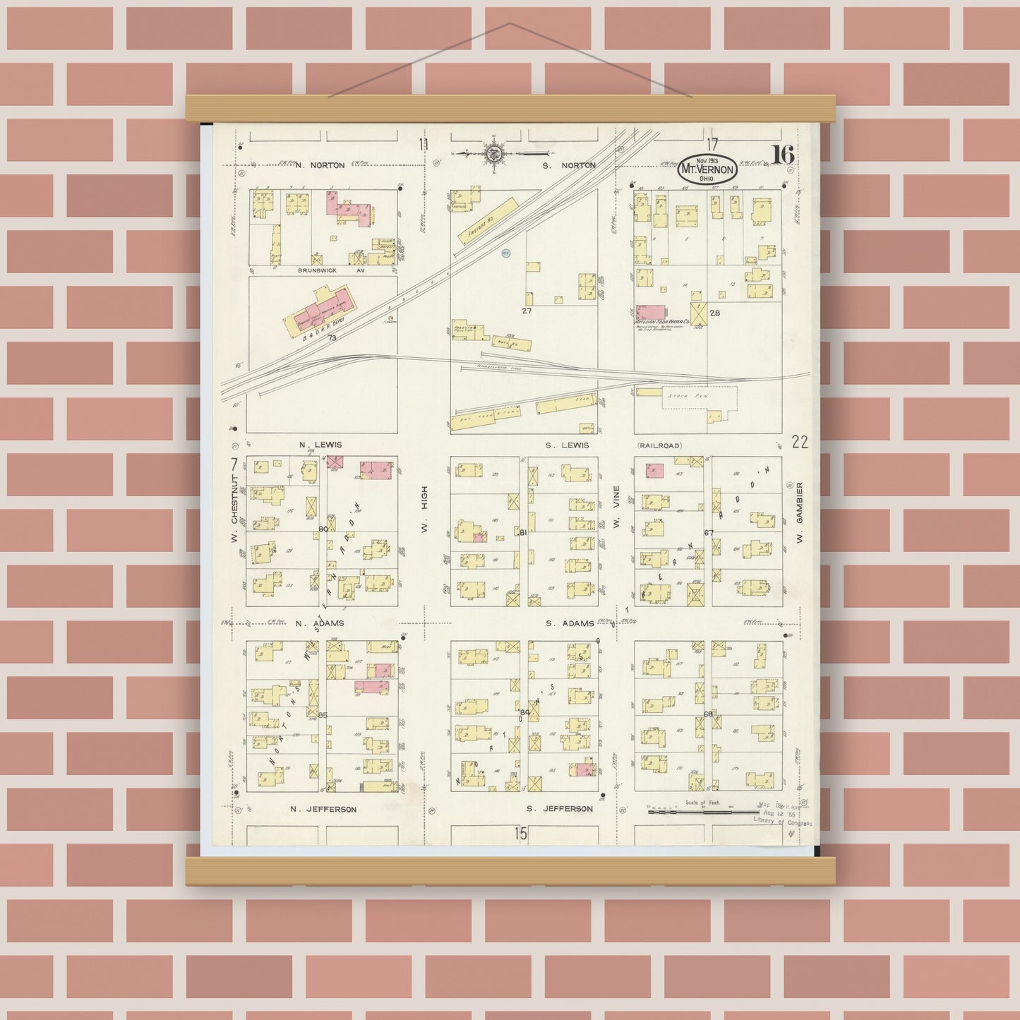 Old map wall art mockup — magnetic wood frame on brick wall — Sanborn Fire Insurance Map from Mount Vernon, Knox County, Ohio (1913), Sheet #0016