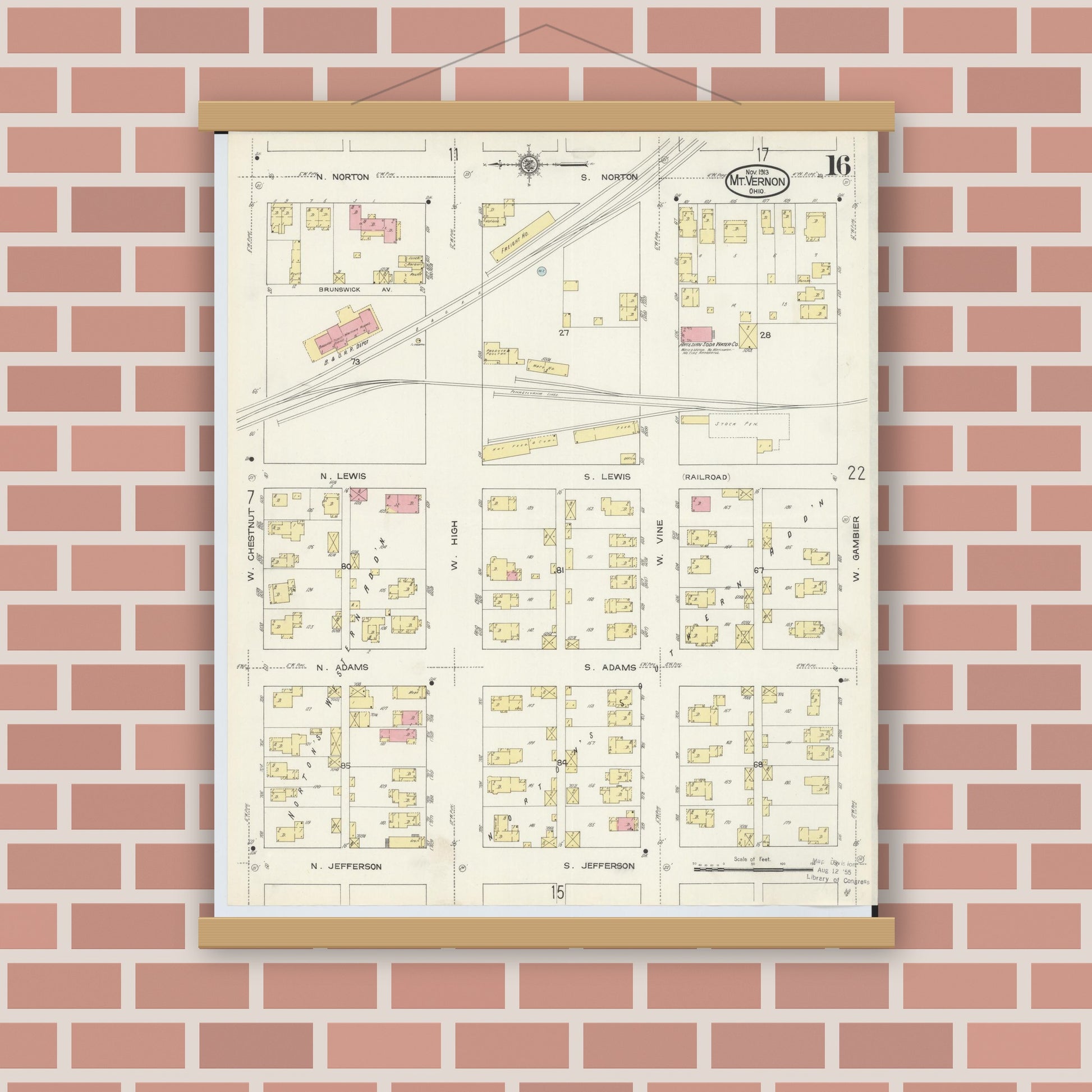 Old map wall art mockup — magnetic wood frame on brick wall — Sanborn Fire Insurance Map from Mount Vernon, Knox County, Ohio (1913), Sheet #0016