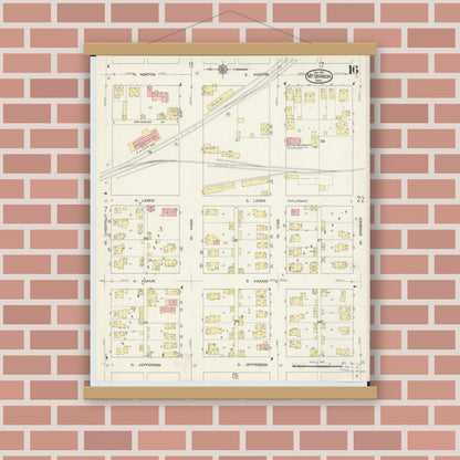 Old map wall art mockup — magnetic wood frame on brick wall — Sanborn Fire Insurance Map from Mount Vernon, Knox County, Ohio (1913), Sheet #0016