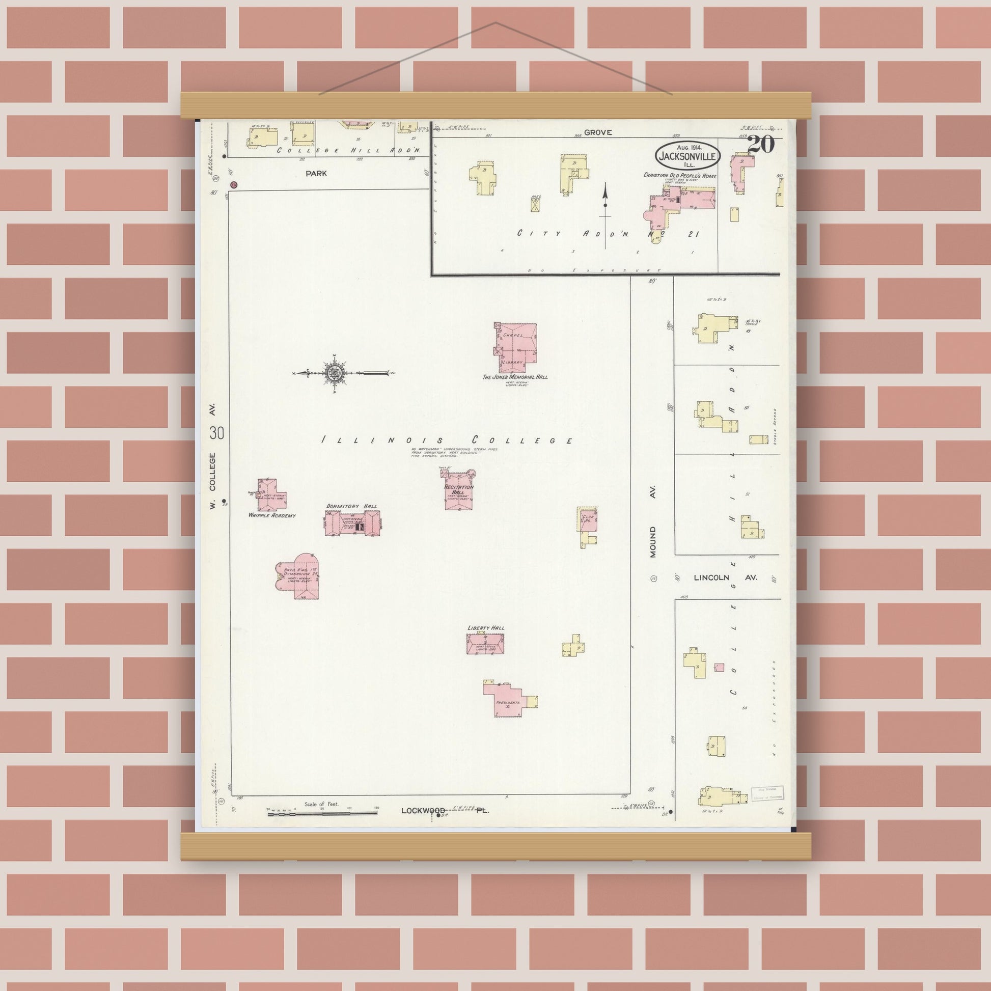 Old map wall art mockup — magnetic wood frame on brick wall — Sanborn Fire Insurance Map from Jacksonville, Morgan County, Illinois (1914), Sheet #0020