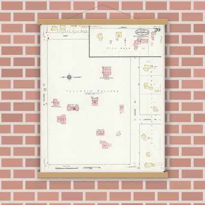 Old map wall art mockup — magnetic wood frame on brick wall — Sanborn Fire Insurance Map from Jacksonville, Morgan County, Illinois (1914), Sheet #0020