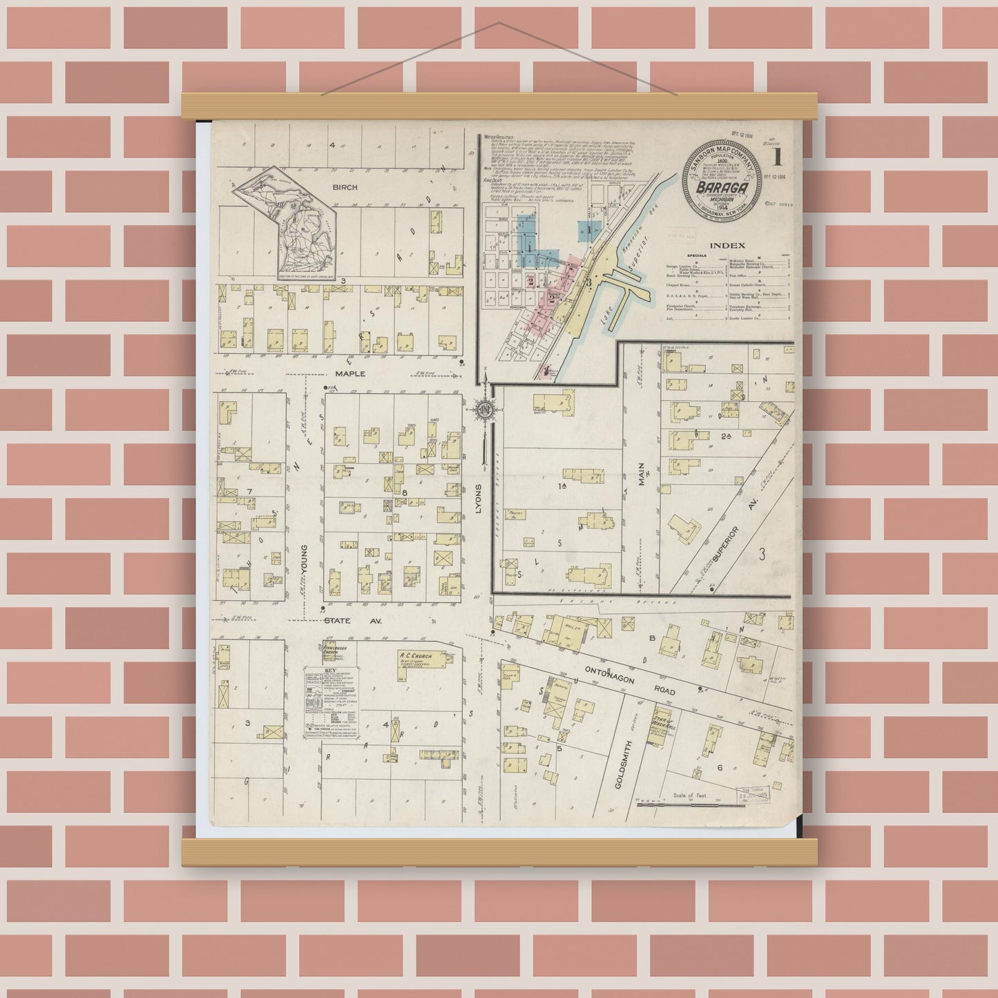 Old map wall art mockup — magnetic wood frame on brick wall — Sanborn Fire Insurance Map from Baraga, Baraga County, Michigan (1914), Sheet #0001
