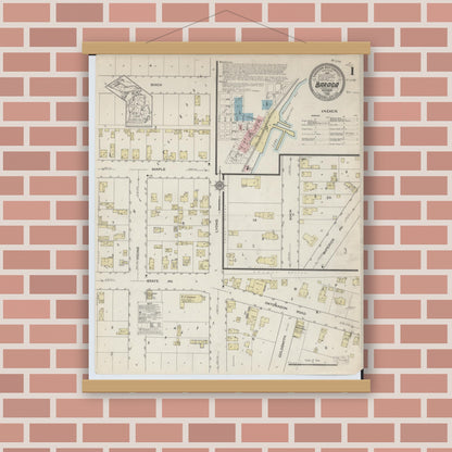 Old map wall art mockup — magnetic wood frame on brick wall — Sanborn Fire Insurance Map from Baraga, Baraga County, Michigan (1914), Sheet #0001