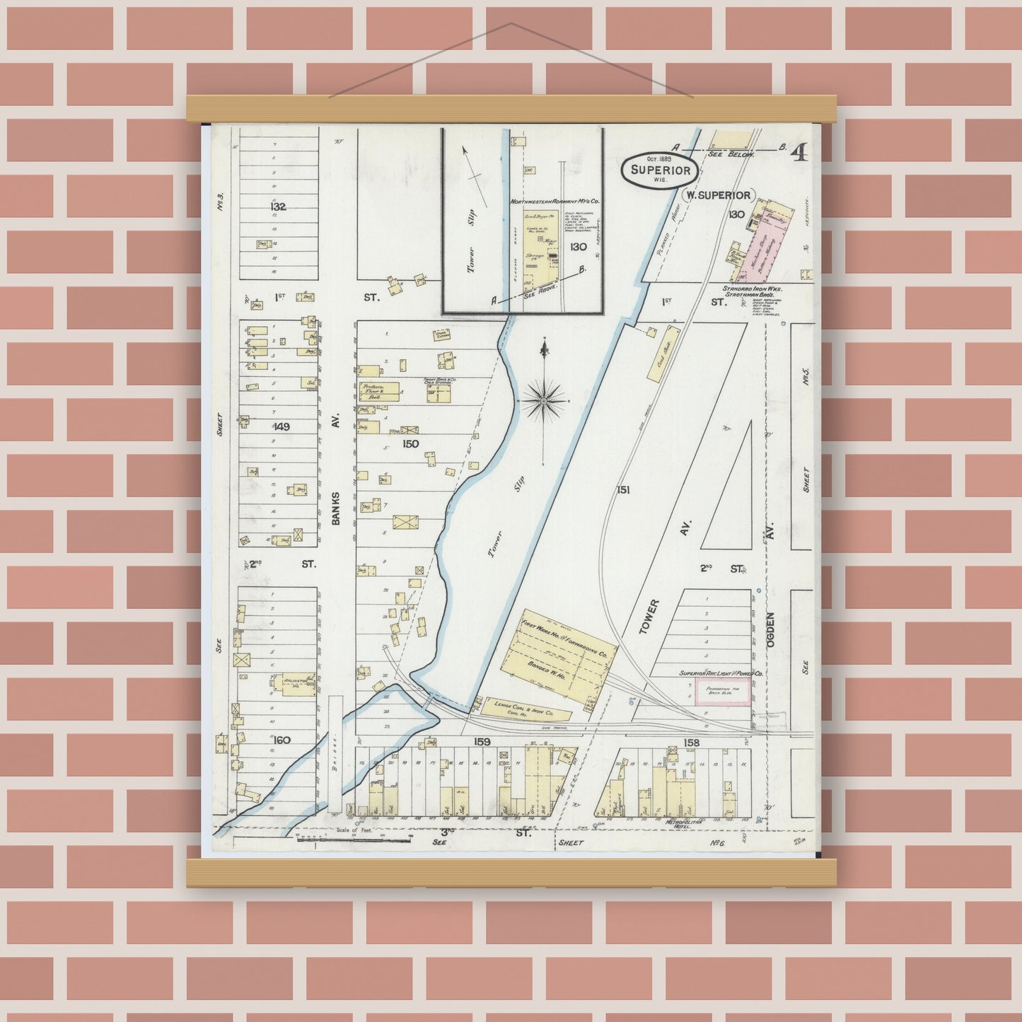 Old map wall art mockup — magnetic wood frame on brick wall — Sanborn Fire Insurance Map from Superior, Douglas County, Wisconsin (1887), Sheet #0004