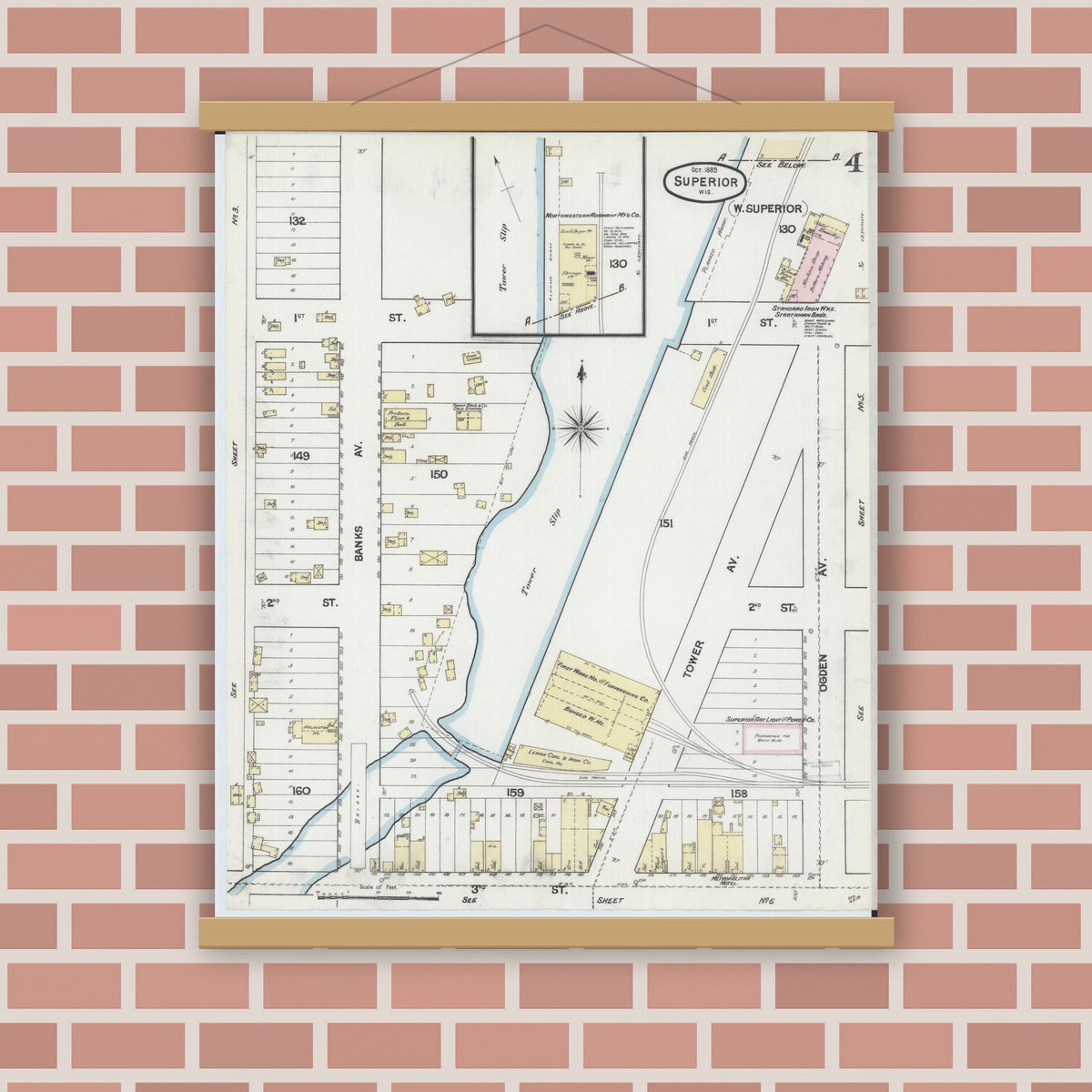 Old map wall art mockup — magnetic wood frame on brick wall — Sanborn Fire Insurance Map from Superior, Douglas County, Wisconsin (1887), Sheet #0004